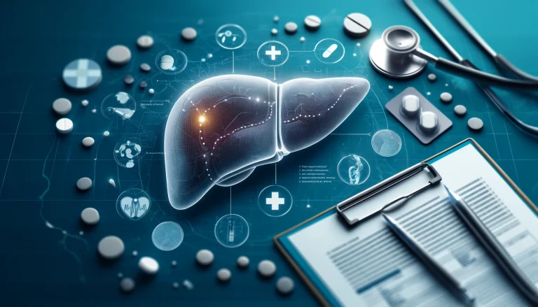 Imagem gráfica representando um estudo médico sobre lesão hepática induzida por medicamentos (DILI) e rechallenge. Apresenta um fígado com áreas destacadas indicando lesão, ícones médicos como pílulas e estetoscópio, e um documento de pesquisa ao fundo.