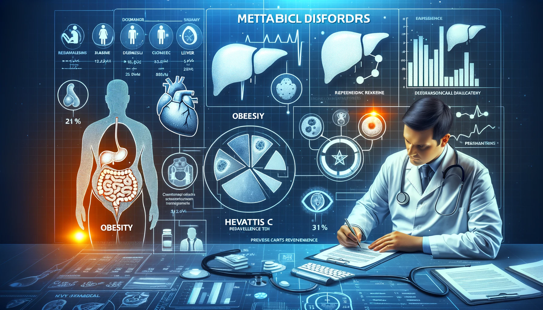 Médico analisando gráficos de dados sobre distúrbios metabólicos em pacientes obesos e com hepatite C, com ícones representando obesidade, fígado e diabetes, em um ambiente de clínica médica.