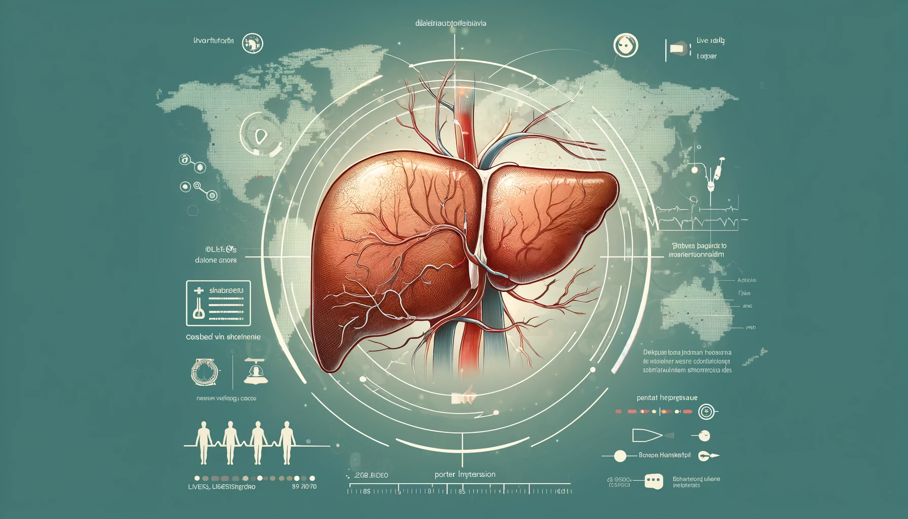 Imagem representando um estudo médico sobre Venopatia Portal Obliterante, com um fígado destacando fibrose e ramos da veia porta, ícones médicos e mapa do Brasil.