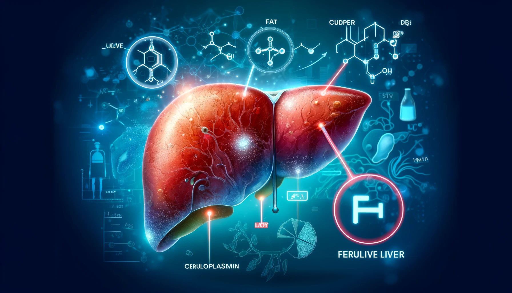 Ilustração científica mostrando a doença hepática gordurosa não alcoólica (DHGNA) com ênfase nos baixos níveis de cobre livre e ceruloplasmina, destacando o fígado com áreas de acúmulo de gordura, inflamação e fibrose.