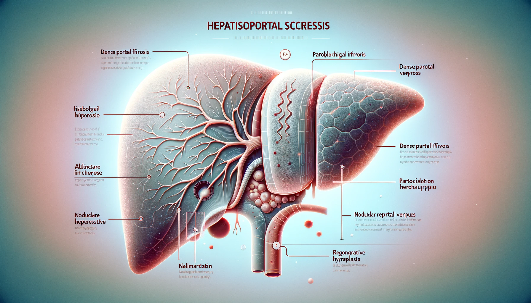 Ilustração médica mostrando um fígado com regiões destacadas indicando esclerose hepatoportal, com setas e rótulos explicando características histopatológicas como fibrose portal densa, obliteração das veias portais, atrofia do parênquima e hiperplasia nodular regenerativa.