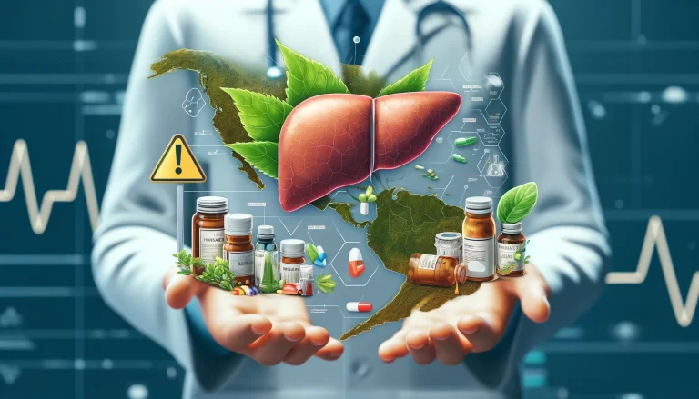 Ilustração mostrando o impacto dos suplementos herbais na lesão hepática na América Latina, com mapa da região, suplementos e ilustração de fígado.