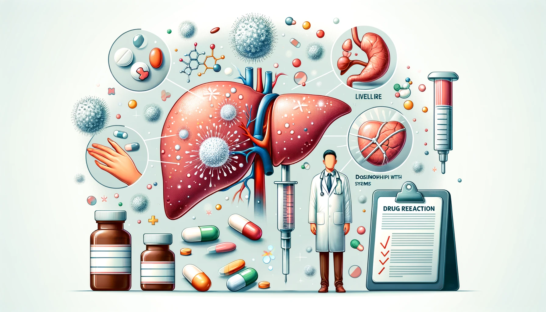 Imagem ilustrando lesão hepática induzida por medicamentos (DILI) associada a reações alérgicas com eosinofilia e sintomas sistêmicos (DRESS). Mostra um fígado, medicamentos e uma erupção cutânea.