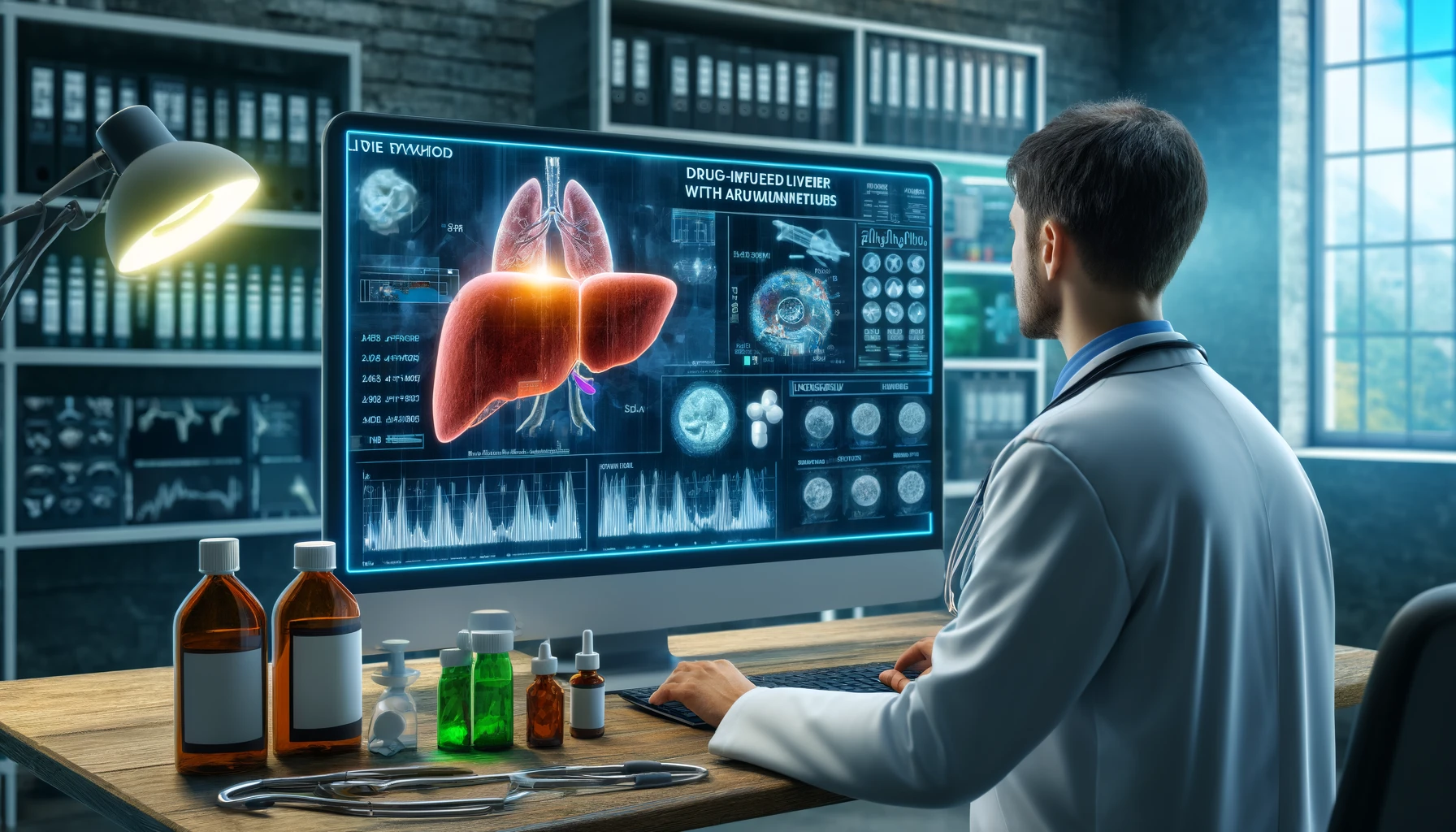 Médico analisando exames de fígado em um computador, com gráficos e dados sobre lesão hepática induzida por drogas com características autoimunes. Equipamentos médicos e medicamentos ao fundo.