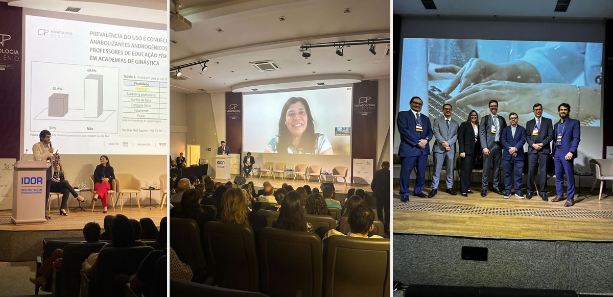 Fotos do Congresso de Hepatologia do Milênio 2024, mostrando o Dr. Vinícius Nunes palestrando sobre o uso de anabolizantes e seus impactos no fígado. Imagens incluem gráficos estatísticos projetados, painel com especialistas e uma foto de grupo de médicos e pesquisadores no palco.