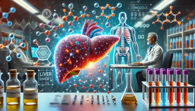 Ilustração digital representando os efeitos do Stanozolol no fígado. A imagem mostra um fígado inflamado cercado por estruturas moleculares de anabolizantes, enquanto um médico analisa exames em um laboratório futurista.