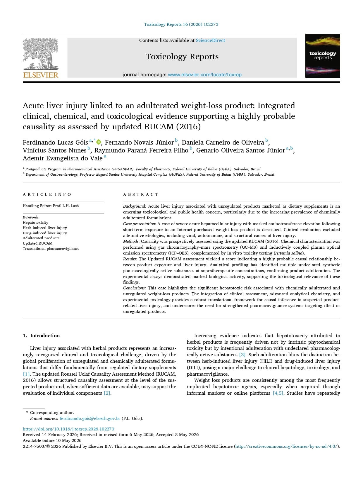 Lesão hepática aguda associada a produto adulterado para perda de peso: evidências clínicas, químicas e toxicológicas integradas sustentam causalidade altamente provável segundo o RUCAM atualizado (2016)